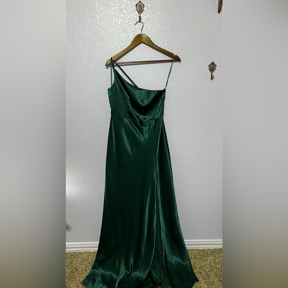 Birdy Grey One-Shoulder Satin Dress in Deep Green - Picture 3 of 6